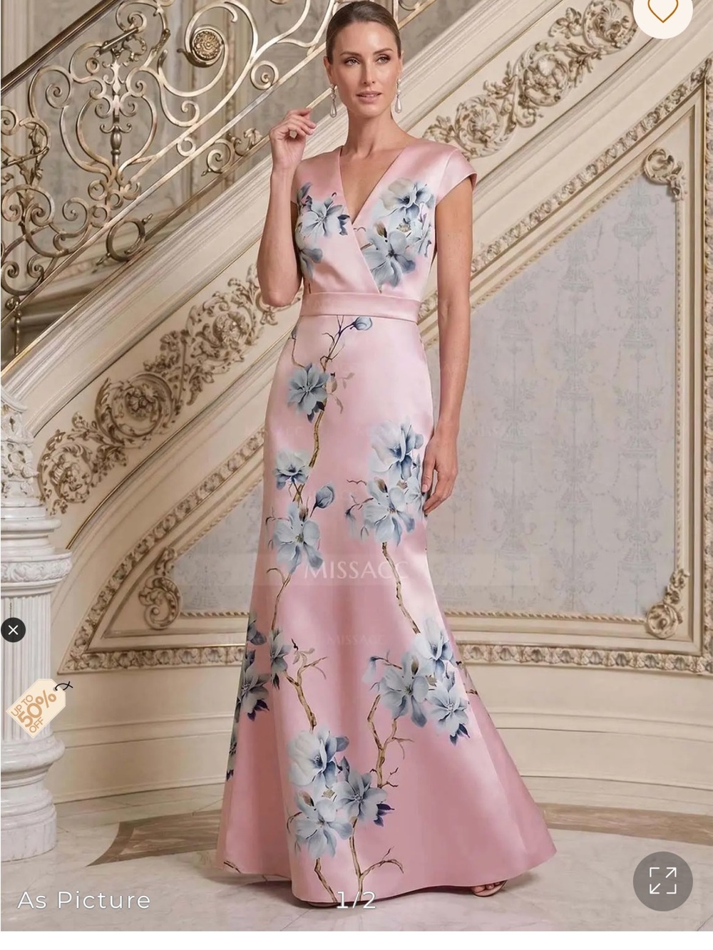 Trumpet Mermaid  Pink Floral Satin V-Neck Wedding Dress by Missaac